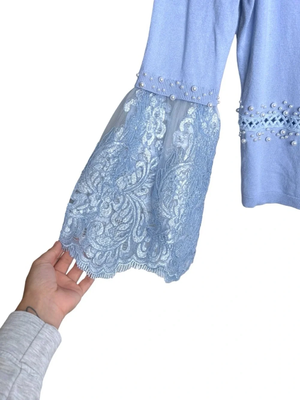 Boston Proper Pearl Embellished Lace Bell Sleeve Blue Cardigan Sweater Small